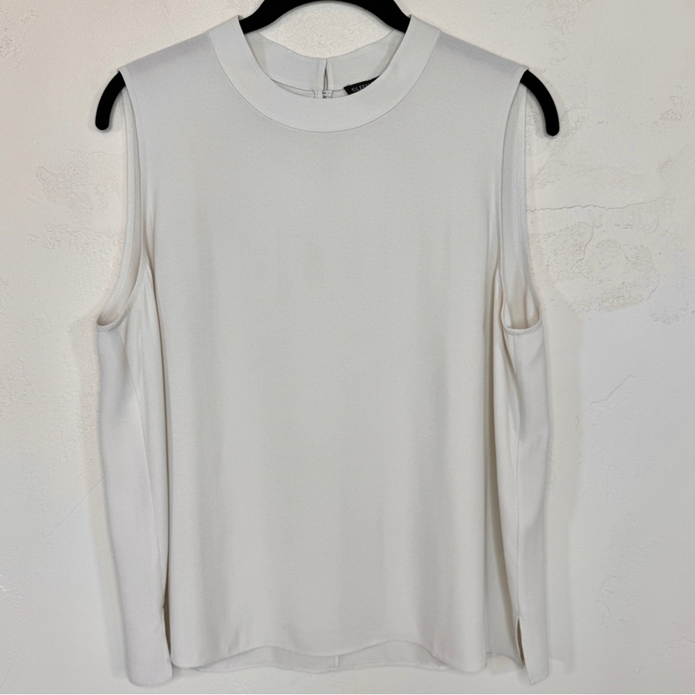 Eileen Fisher 100% Silk Georgette Crepe High Neck Sleeveless Blouse Tank